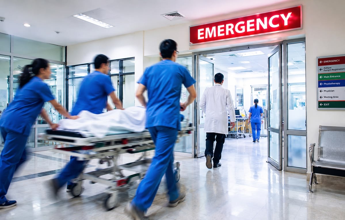 Hospital staff moving a patient on a gurney through emergency department doors
